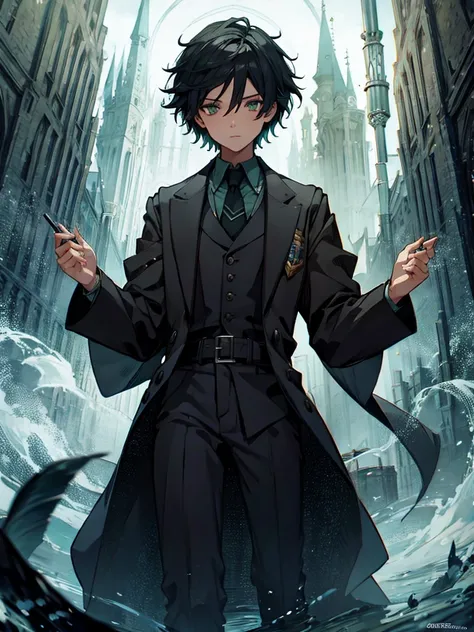 a young man with black short hair, green eyes, hogwarts student, ravenclaw, detailed face, detailed eyes, detailed lips, detailed expression, highly detailed, cinematic lighting, dramatic atmosphere, fantasy art style, vibrant colors, dramatic pose, flowin...