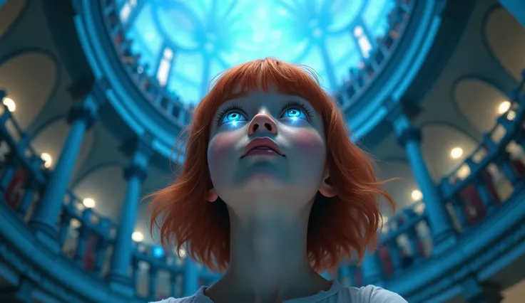 face, a redhead girl with shoulder length hair looks up fascinated, blue radiance is reflected in the eyes, behind is a large circular square with balconies and a crowd on the balconies