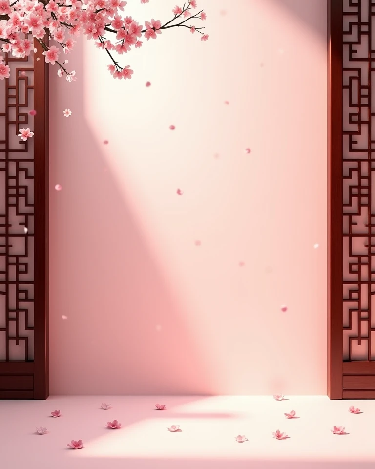 A Zen style themed image with a strong oriental cultural vibe to the content and layout. The wide pale pink background is flanked on the left and right by traditional Chinese wooden brown openwork carved screens with a bright, glossy surface,, showing an e...