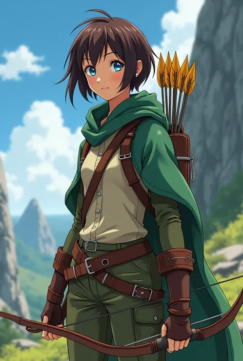 1 , 19 years old,  she is an adventurer , She wears a green cloak , pants,  brown skin color,  Blue Eyes,  short brown hair,  she carries a bow and arrows,  looking at the viewer, in anime line