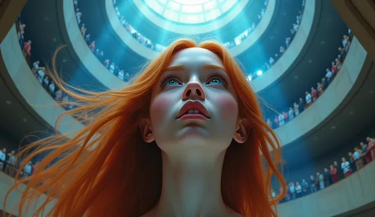 face, redhead girl with long hair looks up fascinated, blue radiance is reflected in the eyes, behind is a large circular square with balconies and a crowd on the balconies