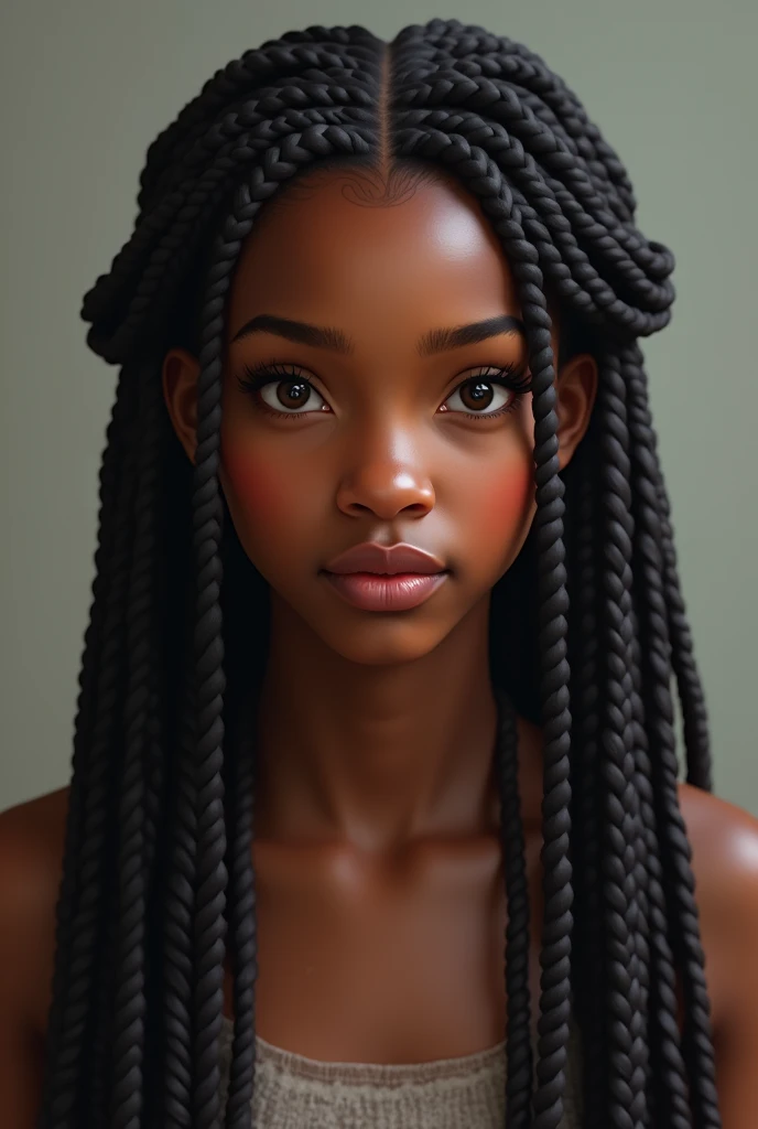  with dark brown skin color with black hair with long braids aged 13