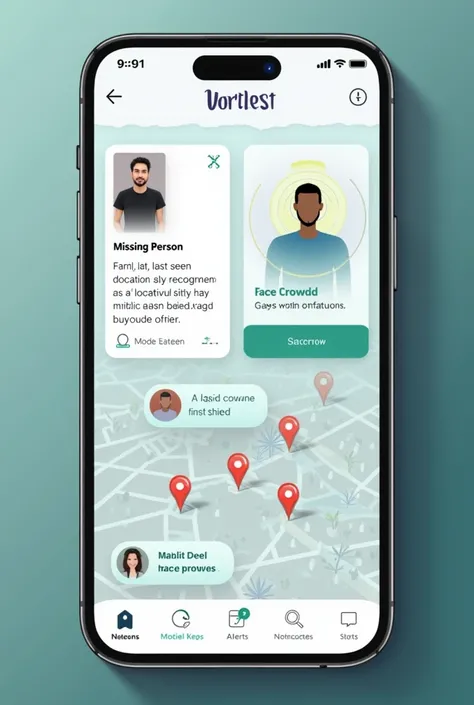 A mobile application interface designed for AI-based lost persons’ identification. The screen displays a clean and user-friendly layout with sections for reporting missing persons and viewing potential matches. On one side, a photo of a missing person appe...