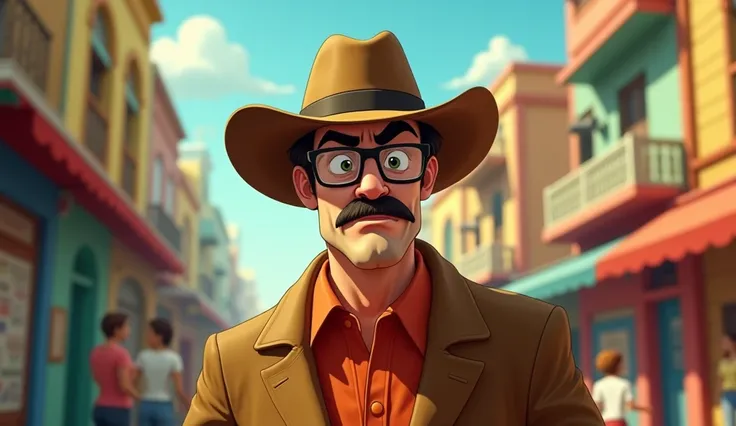 A suspicious man in city of Argentina, wearing cow boy hat and Glasses, 1960s, cartoon animation 