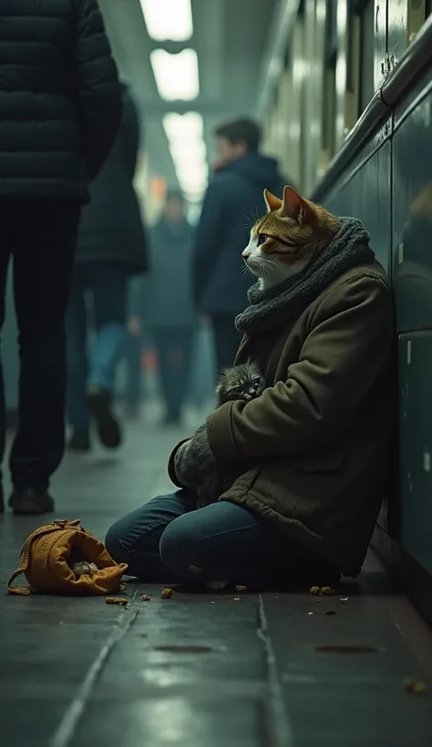 "In a dimly lit, crowded train station, the father cat sits on the cold floor, holding his crying kitten close. Their tiny bag of belongings lies torn nearby, with a few scraps spilling out. People rush past them, ignoring their plight, while the kitten bu...