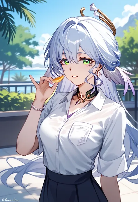 robin (honkai: star rail),  Business shirts、black Skirt、necklace、medium breasts、slender body、random expression、 random angles、random Dienamic pose, cowboy shot、close up、sexy Lip、Translucent skin， the skin is fair 、Moist eyes、Gentle eyes、Gentle look, solo, ...