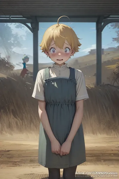 (anime:1.5),artstation,full body shot,juvenile{tall,lanky},1juvenile{Blonde,Short Hair, boyish,ahoge,wearing female clothing,dress,embarrassing,shame,flushed face,surprised expression,hand covering crotch}