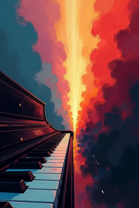 Create an image that describes a piano piece that create tension and hype with a very motivational time, don’t show me a piano or a pianist, remove the piano from the image, from a different angle