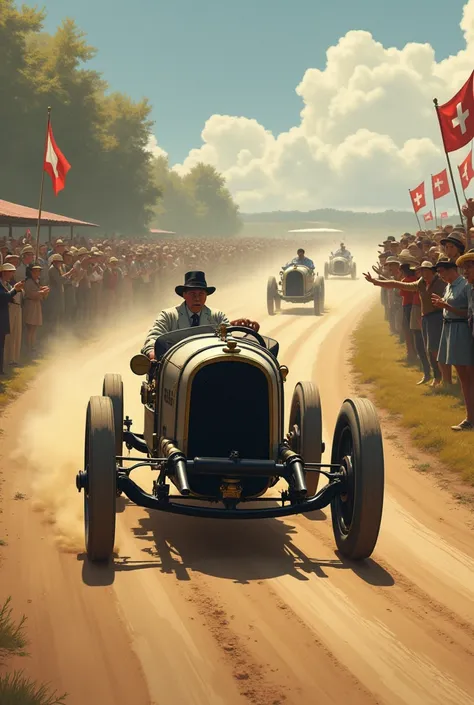 
3. Peugeot Type 3 in a Motor Race (1894): Illustrate the Peugeot Type 3 competing on a dusty track surrounded by spectators waving hats and cheering. Include other early automobiles for realism.
