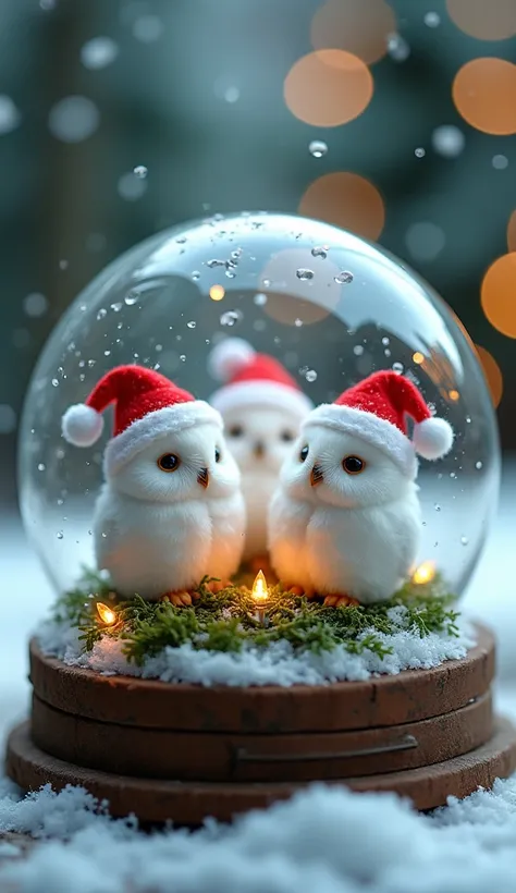 Realistic. Photorealistic. Image is vibrantly colored.
photo,Highly detailed

A miniature snow globe containing several adorable white owls curled up in a tiny bed of festive moss. The owls are wearing Santa hats.
Miniature Christmas lights twinkle inside ...