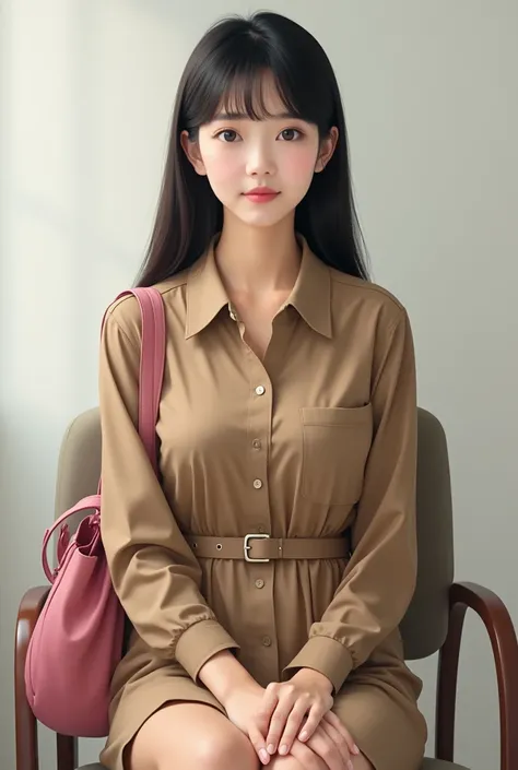  Korean Teacher female long straight hair with bang wear long sleeved button shirts Khaki brown colour Skirts khaki brown colour with belt has pink handbag on shoulder Unbottoned collar sitting on chair 