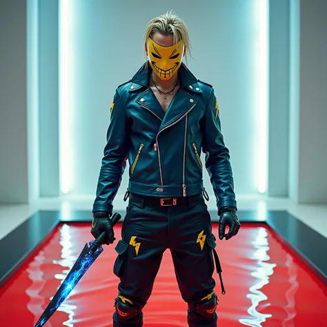 Full body film photograph a man wearing a smiling yellow 4D steampunk style face mask ,who seems vengeful . the man with a wet blonde left over cut wears a short navy blue leather jacket with electro ray effects covered with graffiti patches black cargo pa...