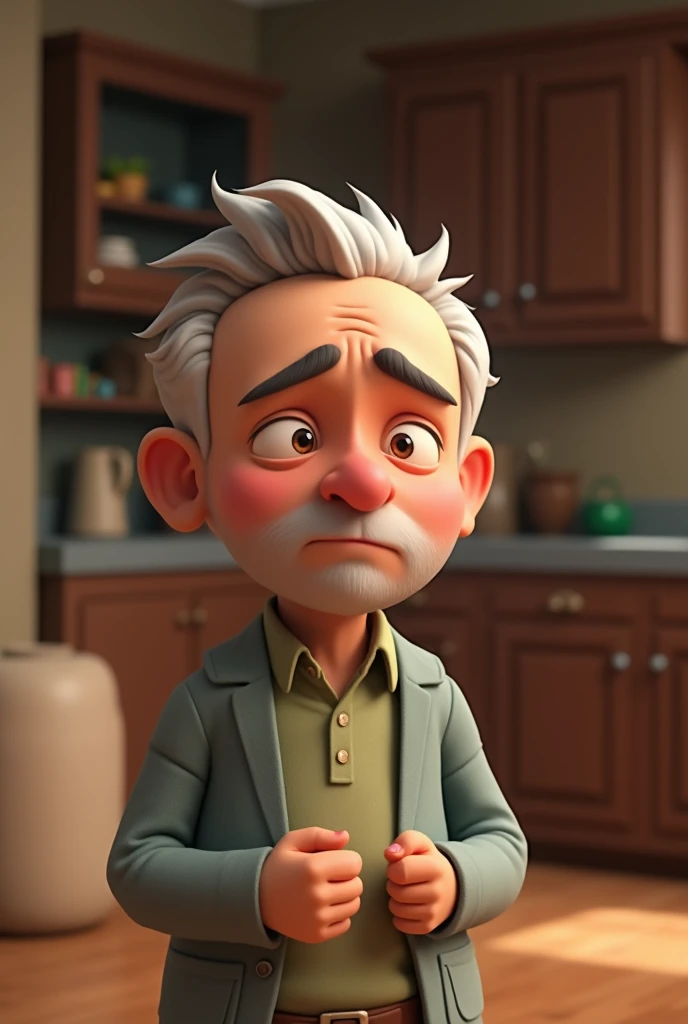 A younger version of the 80-year-old man, looking perplexed and nervous in a small moment of realization, as he struggles to remember his wifes name in a homely setting.
3D young cartoon photo 