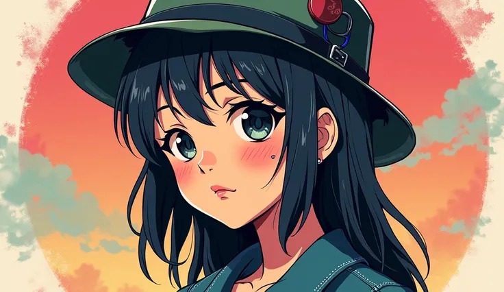 A girl, 80s anime style, retro, lo-fi, piercing, hat