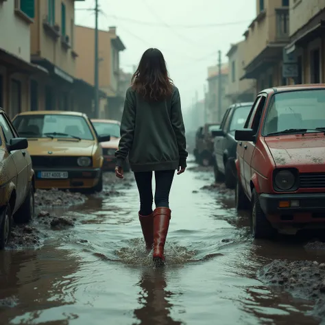 Hyper realistic image of a woman with her back walking in wellies between a flood disaster, wrecked cars and destruction in Spain