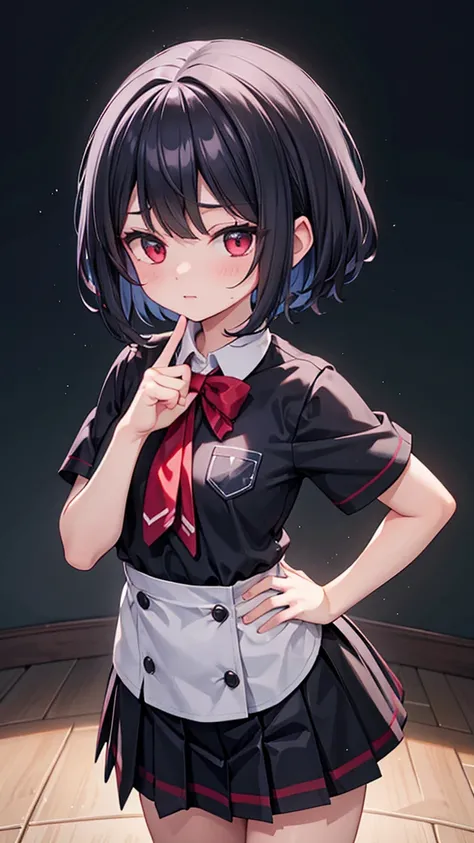 red eyes　sexual ecstasy 　 black hair　Shortcut school uniform, short sleeve shirt, summer style　cowboy shot　cute　とてもcute　１０age　solo　