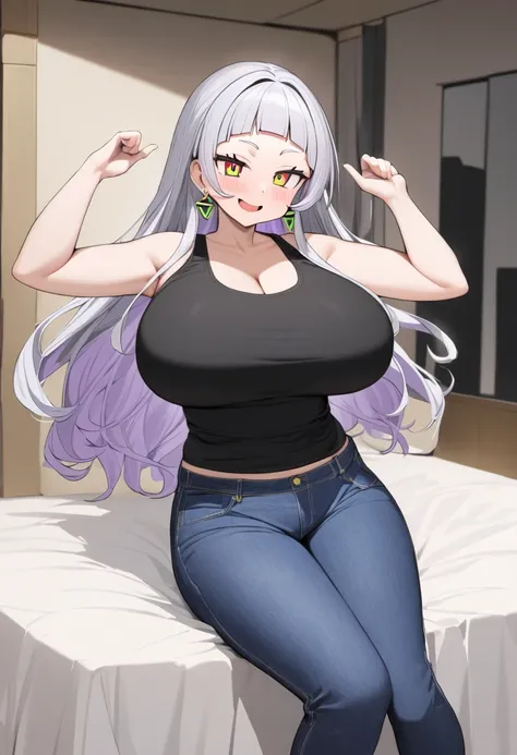 ( top quality, 8k, masterpiece),  girl , young , Idol , 1 person ,  murasaki shion,  hololive , Silver Hair  , Big Breasts ,smile ,  like heaven ,  red cheeks  , Tanimachis emphasis  , A rich variety of skin tones  , (  black tank top  , jeans ,  earrings ...