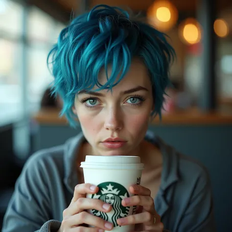 Generate a woman with hyper-realistic short blue hair with lots of details in teian drinking a Starbuck coffee with Dachenka written 
Realistic photo 