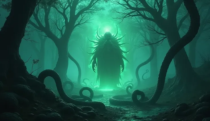 A chilling depiction of the "Nagvan," with glowing green and blue lights flickering through the fog. Coiled snakes of various sizes slither across the forest floor, and the trees seem alive, with sinister shadows forming serpent-like shapes.
