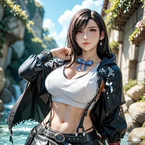  ONE GIRL  ,   Masterpiece  ,  top quality,   Tifa Lockhart 、  in high resolution、wilderness、Big Breasts、 sexy、 taking a break in a rocky area、hooded cloak、 cleavage、 Hooded 、Sweat makes clothes transparent、 black skirt、 black panties 、Lonely solo traveler...