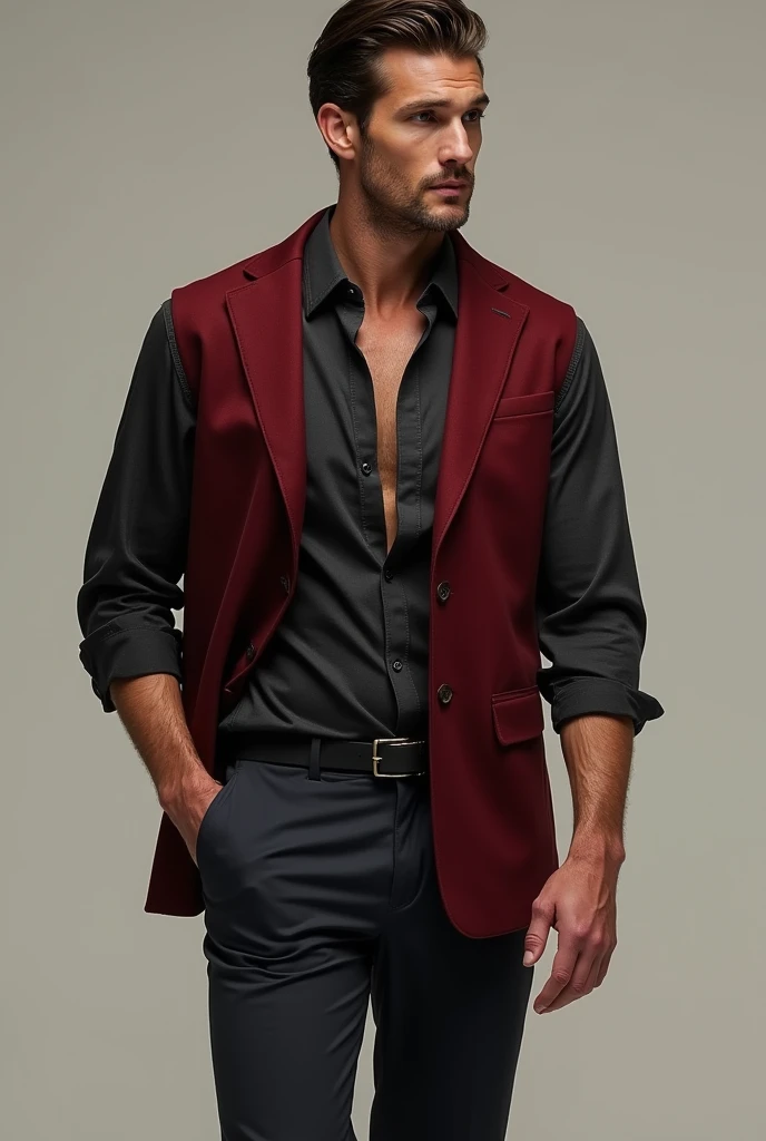 a dark-colored button-up shirt that was unbuttoned at the top, the sleeves rolled to the elbows. It was complemented by a dark red vest, and fitted trousers.