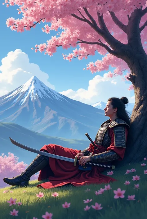  Samurai sleeping under a cherry tree while holding their sword in their hands, with a mountainous landscape surrounding 