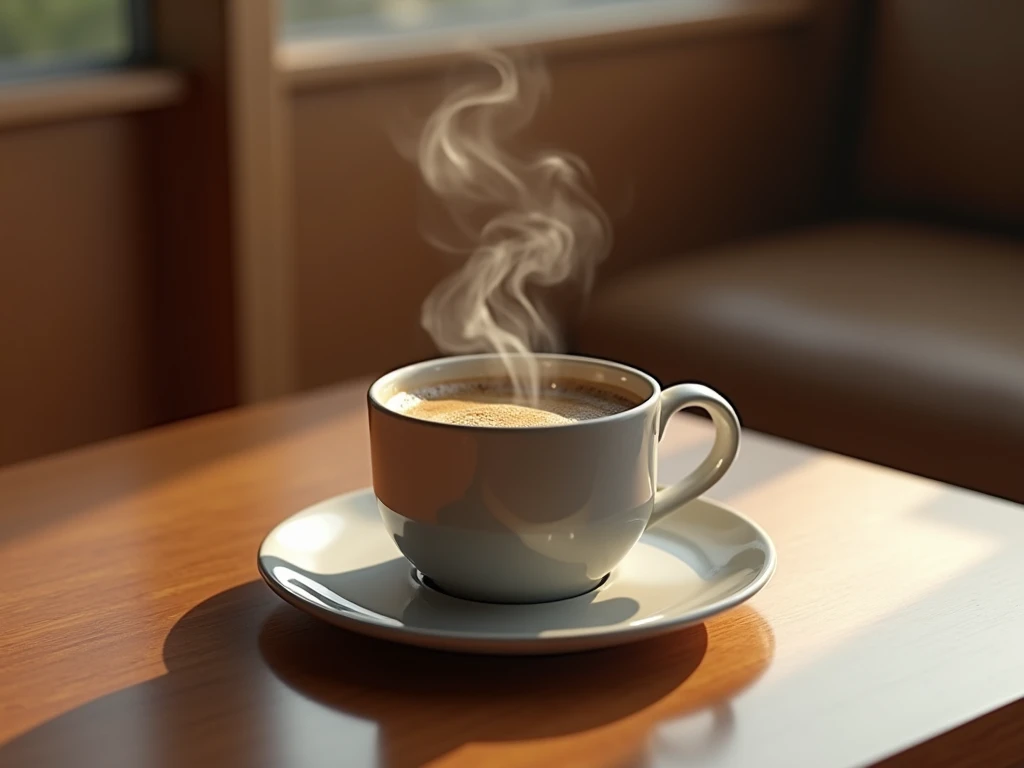  create a very beautiful cup of coffee. On a chic table .  the coffee is very hot .  REALISTIC IMAGE.