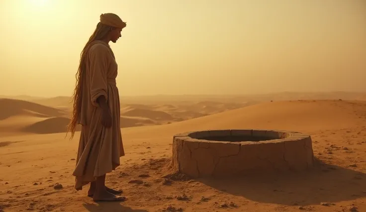 A cinematic scene of Hagar standing in the desert, gazing at a well of water. Her expression is one of relief and hope, her weary face softening as she looks at the life-giving water before her. She is dressed in simple, worn biblical-era clothing, and the...