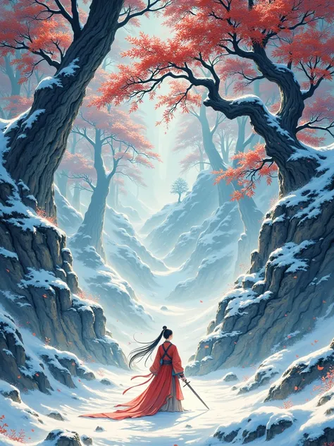  with Chinese art style ， In front of it is another river made entirely of fog ， A Chinese-style poster 、 composed of snowflakes and splashing ink ， that exudes immortal heroism 。 The image displayed inside the vent is a red tree hanging on a winter red tr...