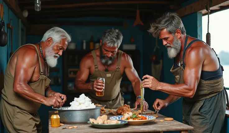 three Indonesian men, one middle-aged man, two 30 year old men, dressed as fishermen, in the house were preparing food and drink to go fishing. hyper-realistic, high contrast, high color effect, 8K, detailed, focused.