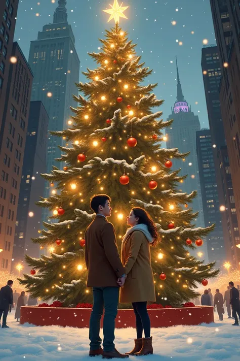 winter, Christmas tree , New York and a girl and her husband are standing in front of the Christmas tree
