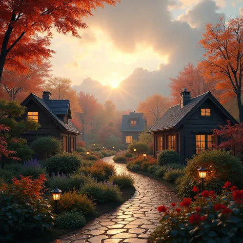 a 8k hd long shot of an autumn cloudy evening in the beautiful garden village, soft focus, wet cozy ambiance, award winner photo