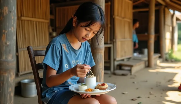 ((ultra-realistic photo)) [A 17-year-old Indonesian girl with smooth, clean skin and delicate features sits on a simple wooden chair in a rural setting. She is wearing a faded blue t-shirt that looks worn, dirty, and torn in a few places, emphasizing her m...