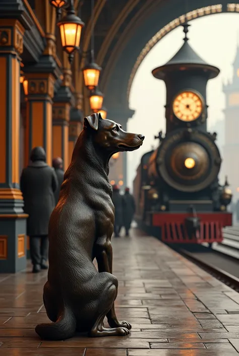 Generate of a dog statue waiting by the train station in 1920