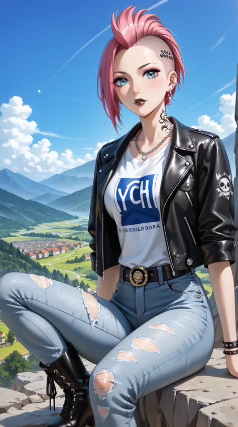 **Detailed Prompt:**  

" A young Korean woman with punk style ,  on the top of a rocky mountain dusk ,  surrounded by dramatic sky and charged clouds .  Your face is marked by an expression of anger and determination ,  with intense eyes and arched eyebro...