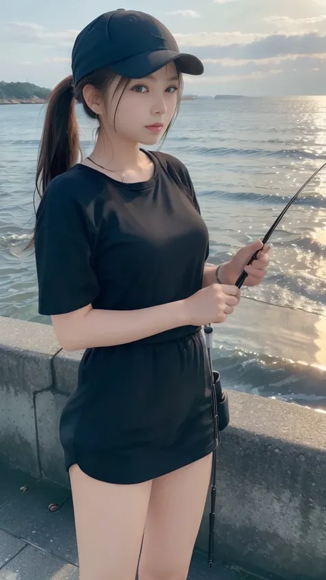 (masterpiece:1.3)、(8k、 Real as Pictured 、Original photo、 top quality: 1.4)、( 1 Japanese girl、There is only one person 2.5) beautiful face、 holding a fishing rod 、Black Cap、Ponytail、 looking at the ocean 、Ocean at dusk、A beautiful woman standing on a breakw...