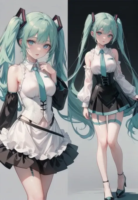 Hatsune Miku character design，Three views,Adult women((Body strap)),((Roll up your sleevesＹshirt)),(Corset),Black Silk，mini skirt((Garter)),High heel,(( simple background )), Smile,((whole body)),((whole body)),((whole body)),Role List,