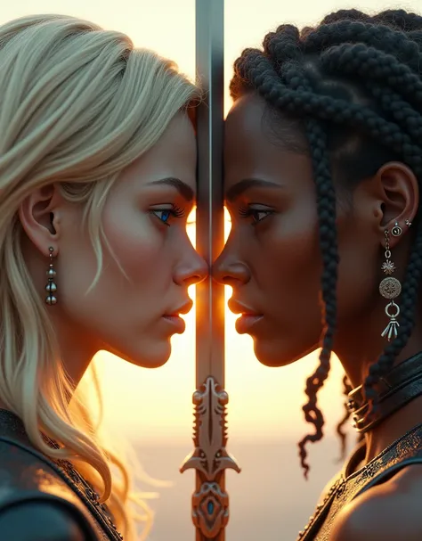 A blonde woman with blue eyes and a brown woman share the same face,  game style with a sword erected in the center ,  in an epic 3A ,  Suitable for mobile wallpapers ,  with faces the same size on both sides ,  rich details , and epic light and shadow 