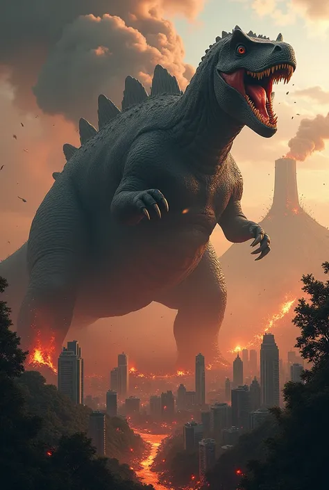 A big and denger black dinosaur huge belly is eating vs huge belly eat city roaring which background has fired jungle and volcano and fall the asteroids from the sky 
