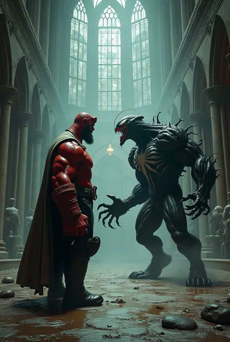 Hellboy, with his Right Hand of Doom raised, faces Venom, whose tendrils writhe. The encounter occurs in a gothic cathedral shrouded in mist.