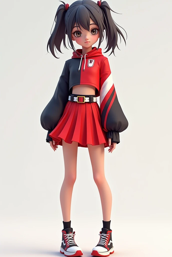 1 girl, 3D Cartoon, The prominent belt and bold lines give it a sporty and futuristic impression, The skirt is short with an A-line cut and lots of pleats. The combination of red and black gives a dynamic impression, crop top with an asymmetrical design an...