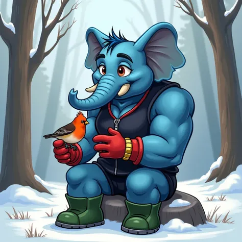 blue muscular furry elephant jock in gold bracelets , wearing green boots , in gray pants,  in a black sleeveless zipped sweater , wearing red gloves sits on a rock in the winter forest looking at a bullfinch holding it in his hands in cartoon style