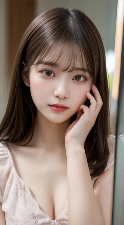  top quality, shape,  very detailed, finely,  high definition , 8k wallpaper, worlds most beautiful woman,(Looking at my face in the mirror:1.3)、  straight hair、 slender 、 gal makeup、baby face、NSFW、blouse、Frills、(bare breasts:1.2)