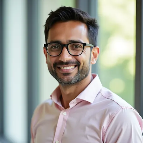 "A headshot of a 30-year-old Pakistani male with fair skin, wearing  glasses and a neatly pressed button-down shirt in a pastel shade. The background is softly blurred with natural light, suggesting a window or outdoor setting. The expression is relaxed an...