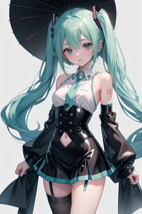 Hatsune Miku character design，Triple view front back front back side,Adult women((Body strap)),((Roll up your sleevesＹshirt)),(Corset),Black Silk，mini skirt((Garter)),High heel,(( simple background )), Smile,((whole body)),((whole body)),((whole body)),Rol...