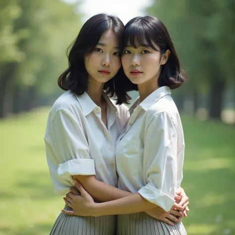 (( top quality, 8k,  RAW photo,   Masterpiece   :1.3)), ((live-action、 realistic :1.4))、 very detailed、 super high resolution, (  Professional Writing ), ((the above:1.2)),(( Full body photo showing two Japanese women up to the toes :1.4 )),(二人の女性は平で小さなche...