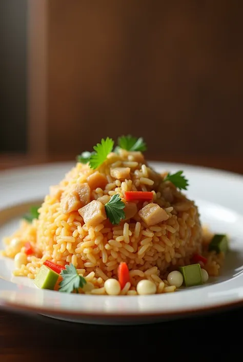 A plate of fried rice with chopsuey in a professional photograph for a gastronomic menu.  The plate is slightly tilted towards the camera ,  highlighting the details of its contents .  The main course is : [food to replace ],  presented in an appetizing wa...