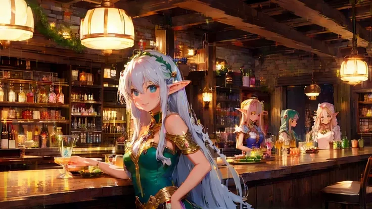  top quality,  pers with decor, In the stone elf bar 、 smiling and graceful elves are preparing drinks for the bar guests,  Animated .  elves have delicate characteristics , Long flowing hair, and pointed ears.  the tavern is illuminated by warm lights ,  ...