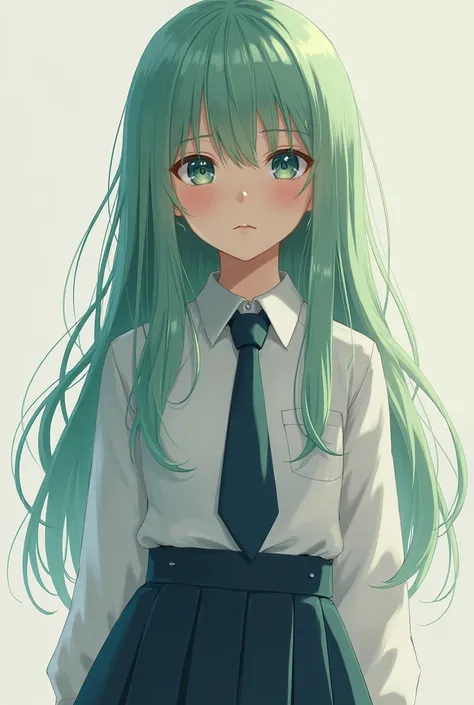 A realistic girl with long green hair and sky blue eyes with school clothes 