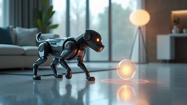 A robotic puppy playing fetch with a glowing, hovering ball in a sleek, modern living room.